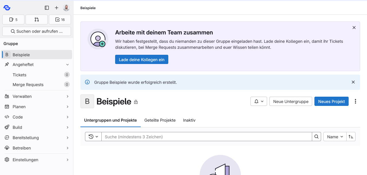 "GitLab: Seite nach dem Erstellen einer Gruppe"