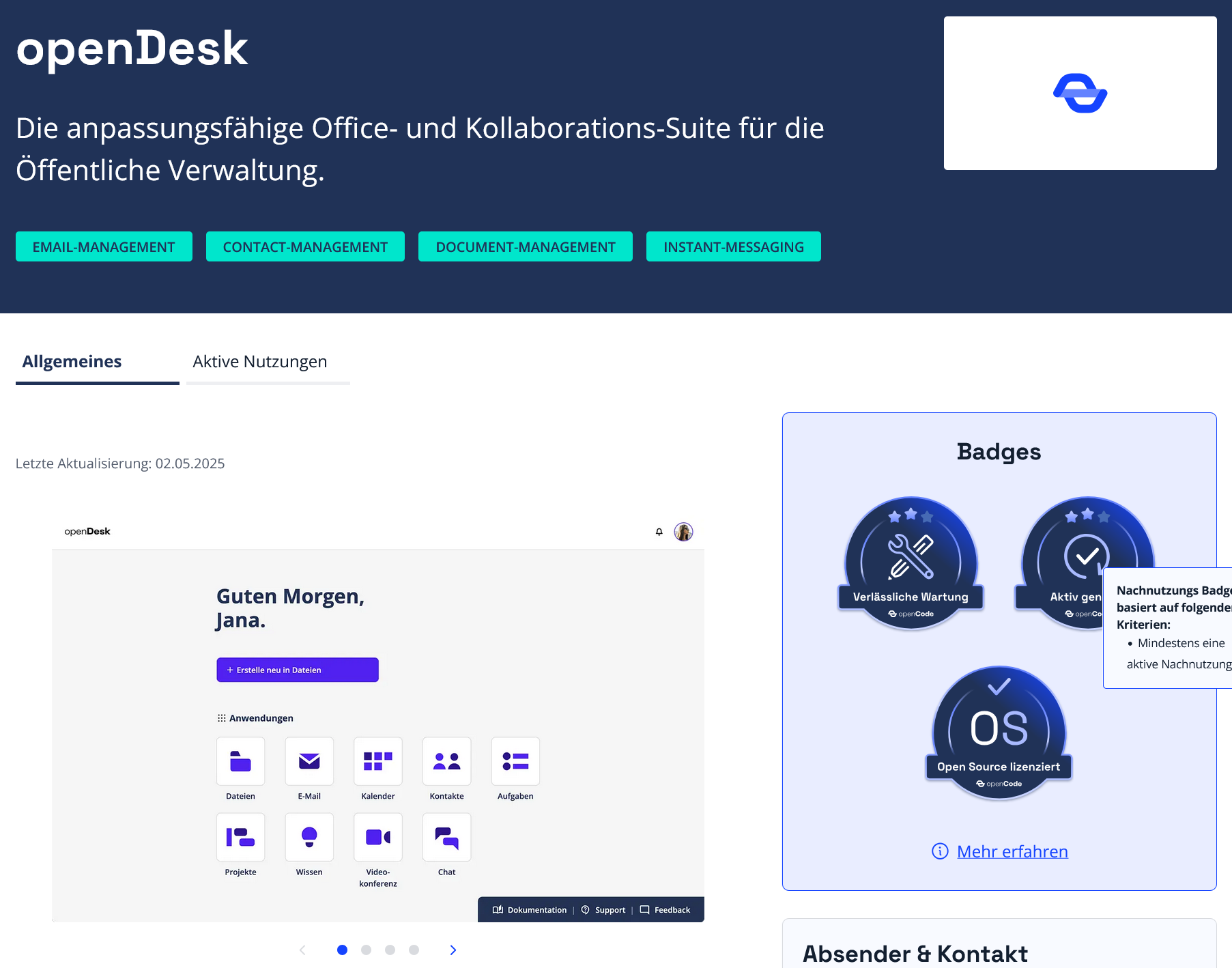 Eintrag von der Software openDesk im Softwareverzeichnis von openCode
