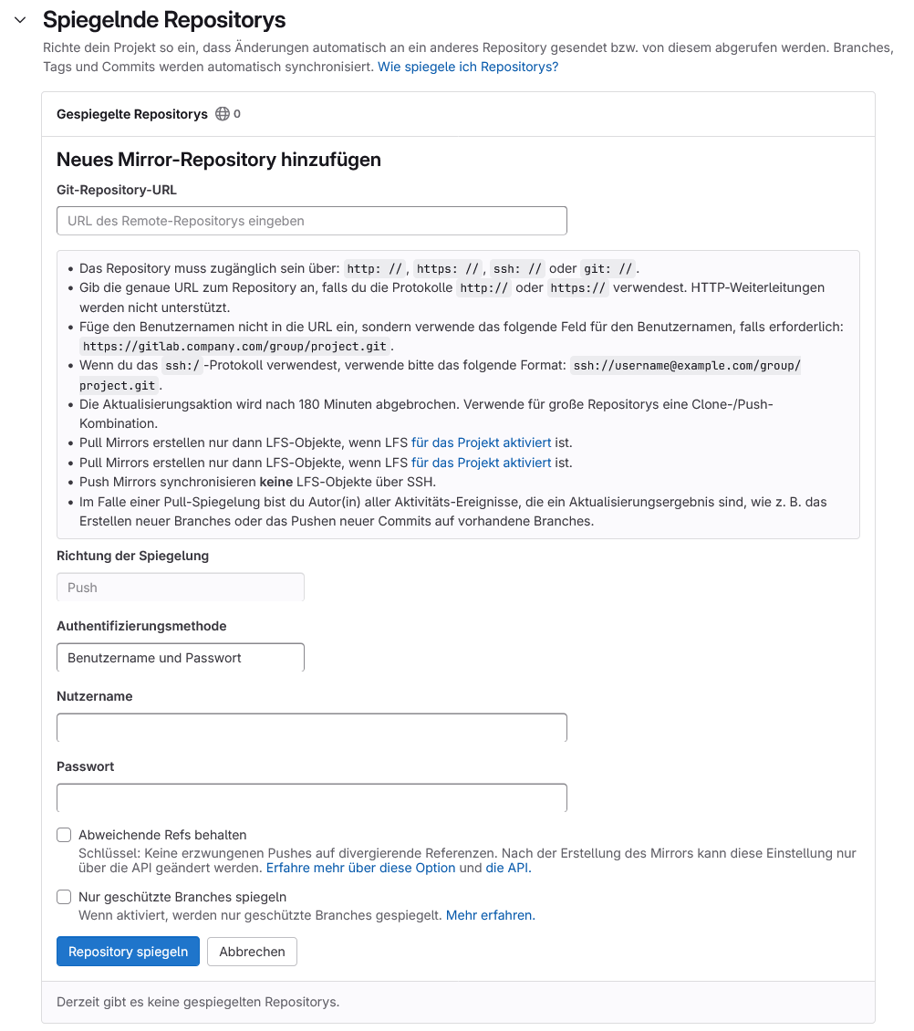 Oberfläche mit den Einstellungen zum Spiegeln eines Projekts