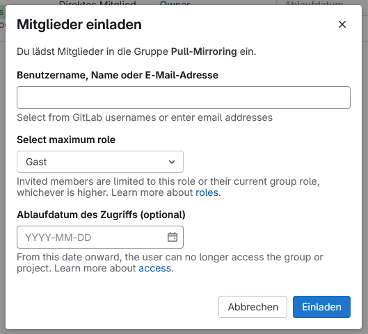 Fenster um Mitglieder zu einer Gruppe einzuladen