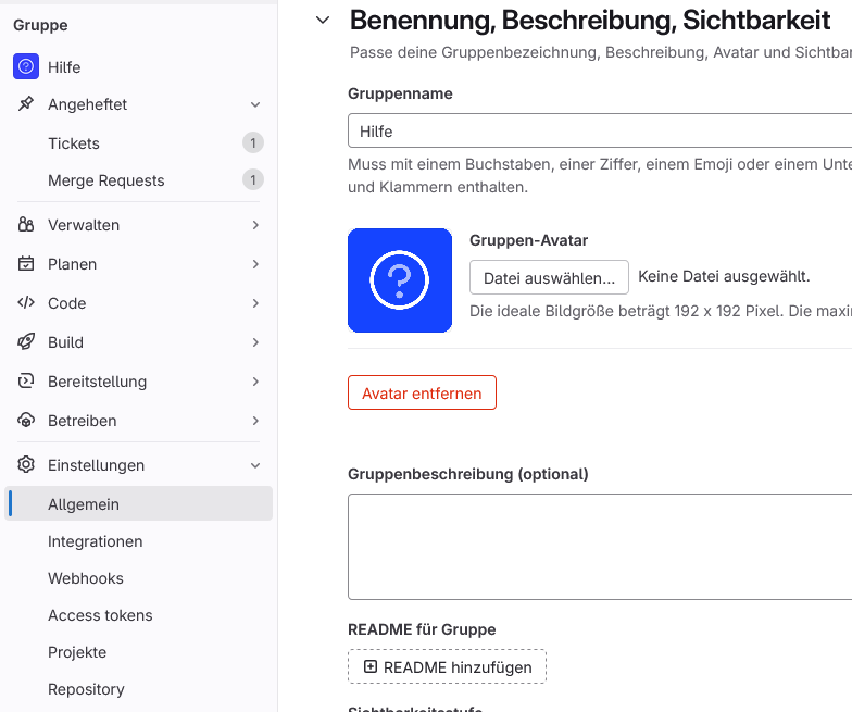 "Screenshot dazu, wie man eine README-Datei zu einer Gruppe hinzufügt"